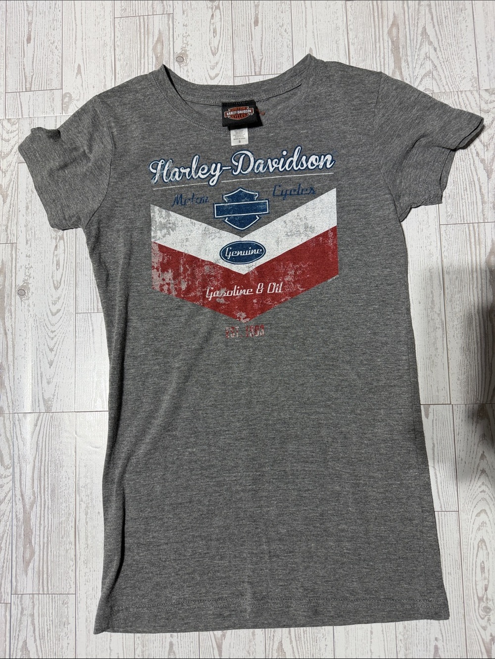 Harley-Davidson Girls' Gray Tee with Red & Blue Chevron Graphic